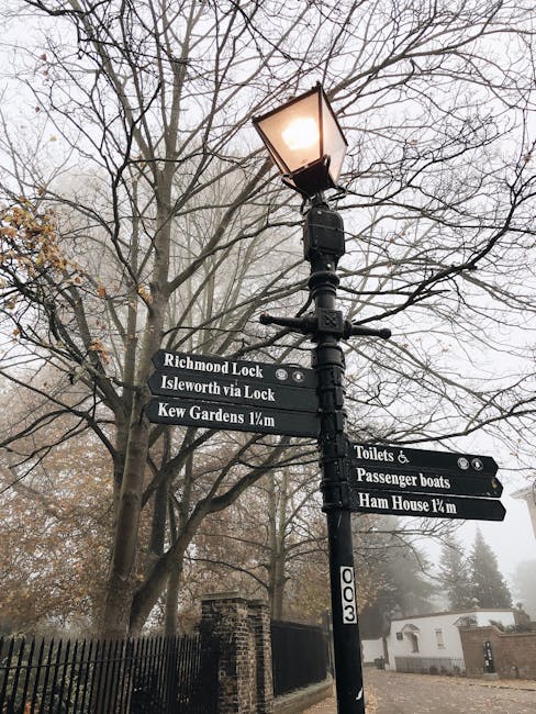A black street lamp with a lit glass lantern stands in front of a leafless tree with an intricate network of branches. Attached to the lamp post are multiple black directional signs indicating nearby 